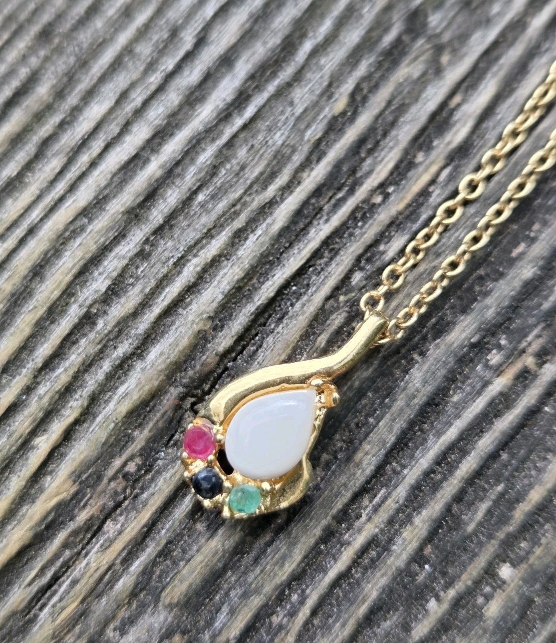 Vintage Faux Opal Ruby Sapphire Emerald Glass Pendant Necklace Chain Art Deco