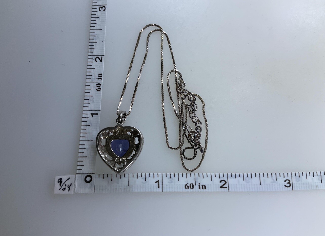 Vintage Bluish Purple Heart Shaped Stone on Sterling Heart Pendant Necklace 17”