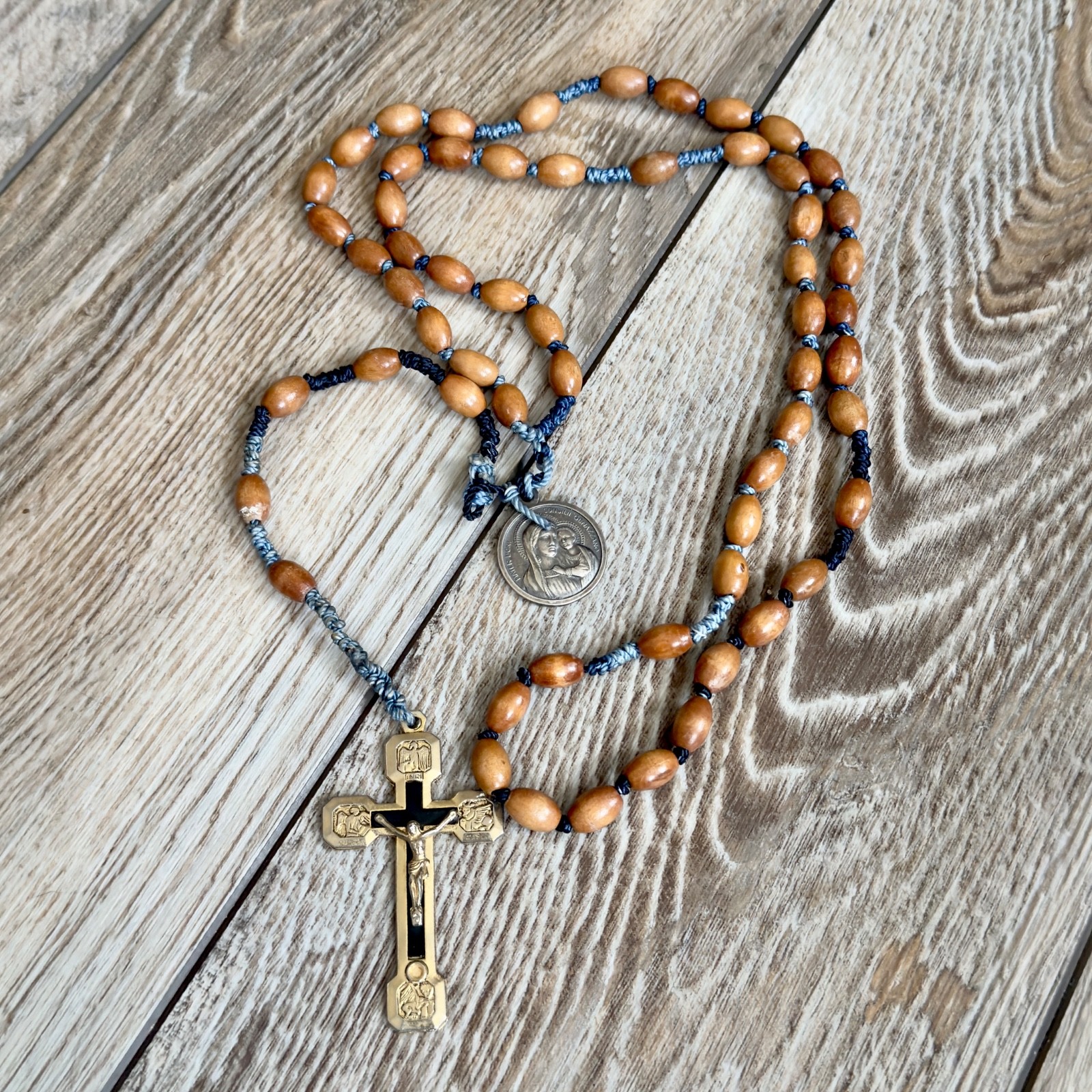 Vintage Rosary Religious Madre Del Buon Consiglio Proteggimi Wooden Beads