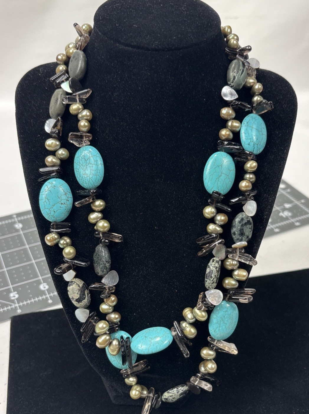 Vintage Gray Fresh Water Baroque Pearls &Turqoise With Gemstones Necklace 20″