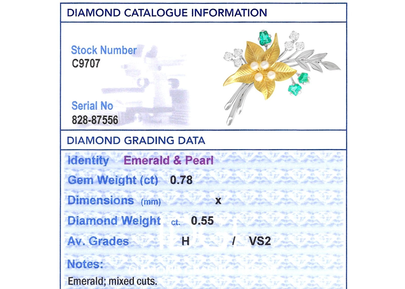0.78Ct Emerald 0.55Ct Diamond and Pearl 18k Yellow Gold and Platinum Brooch