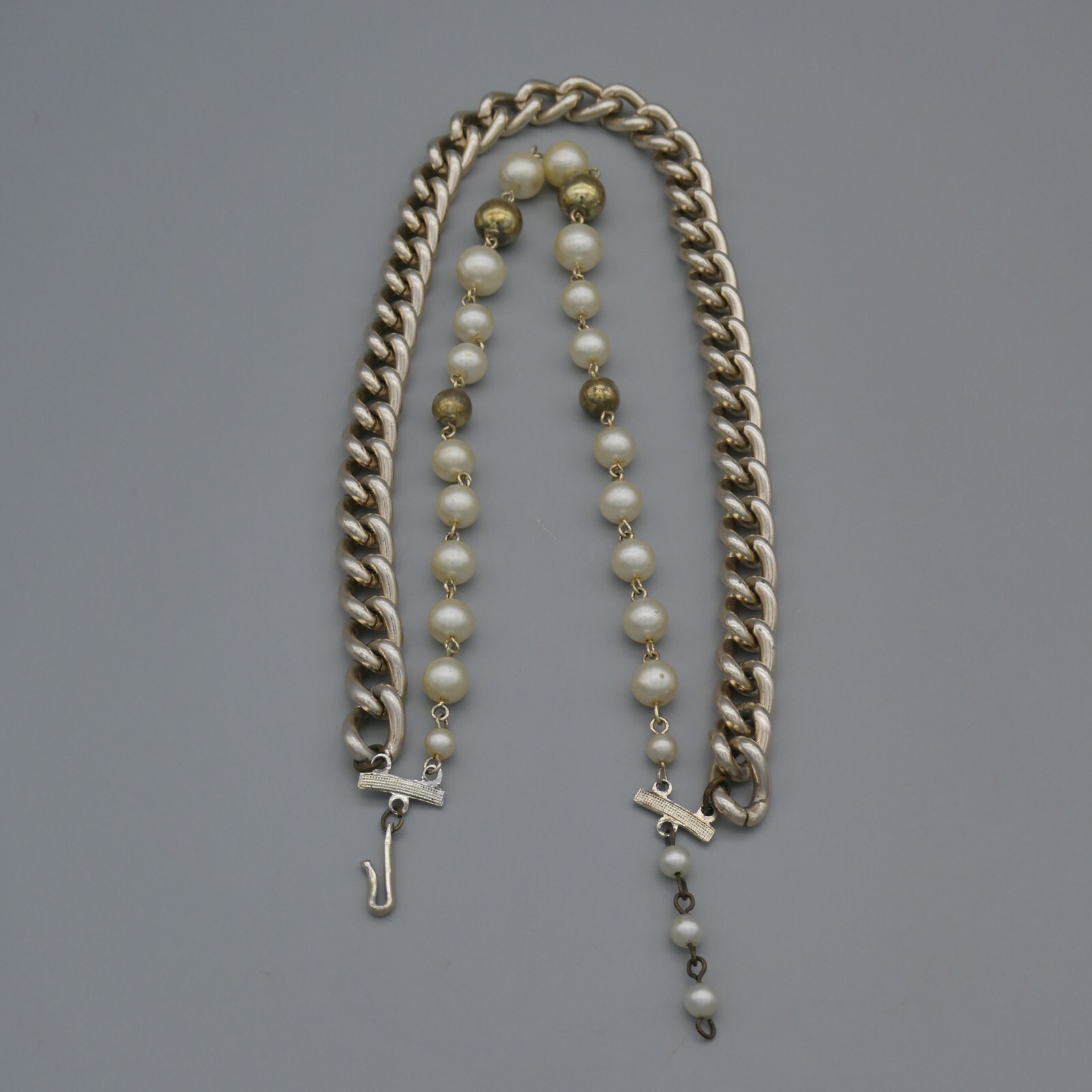 Vintage Dual 2 Strand Choker Necklace Faux Pearl Gold-Tone Curb Link Japan 15″