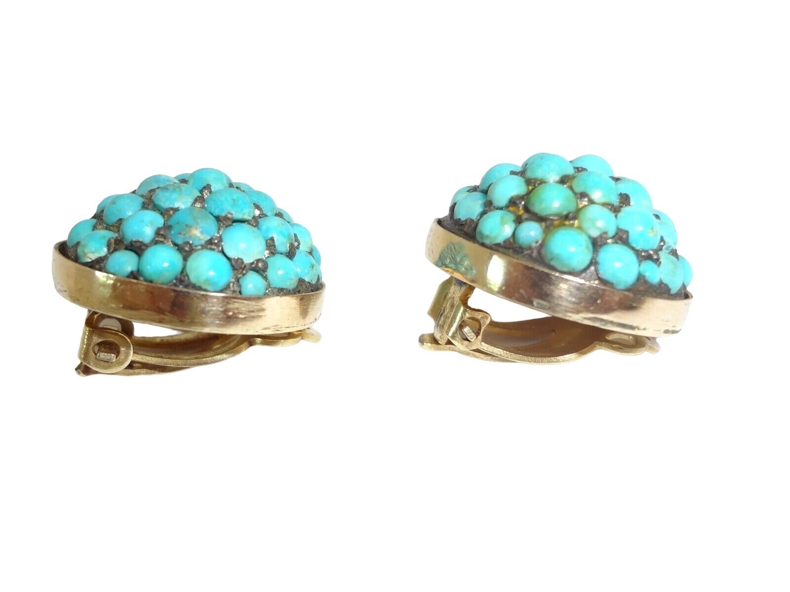 Antique 14K Gold Persian Turquoise Cluster Round Clip Earrings 18.2 Grams!