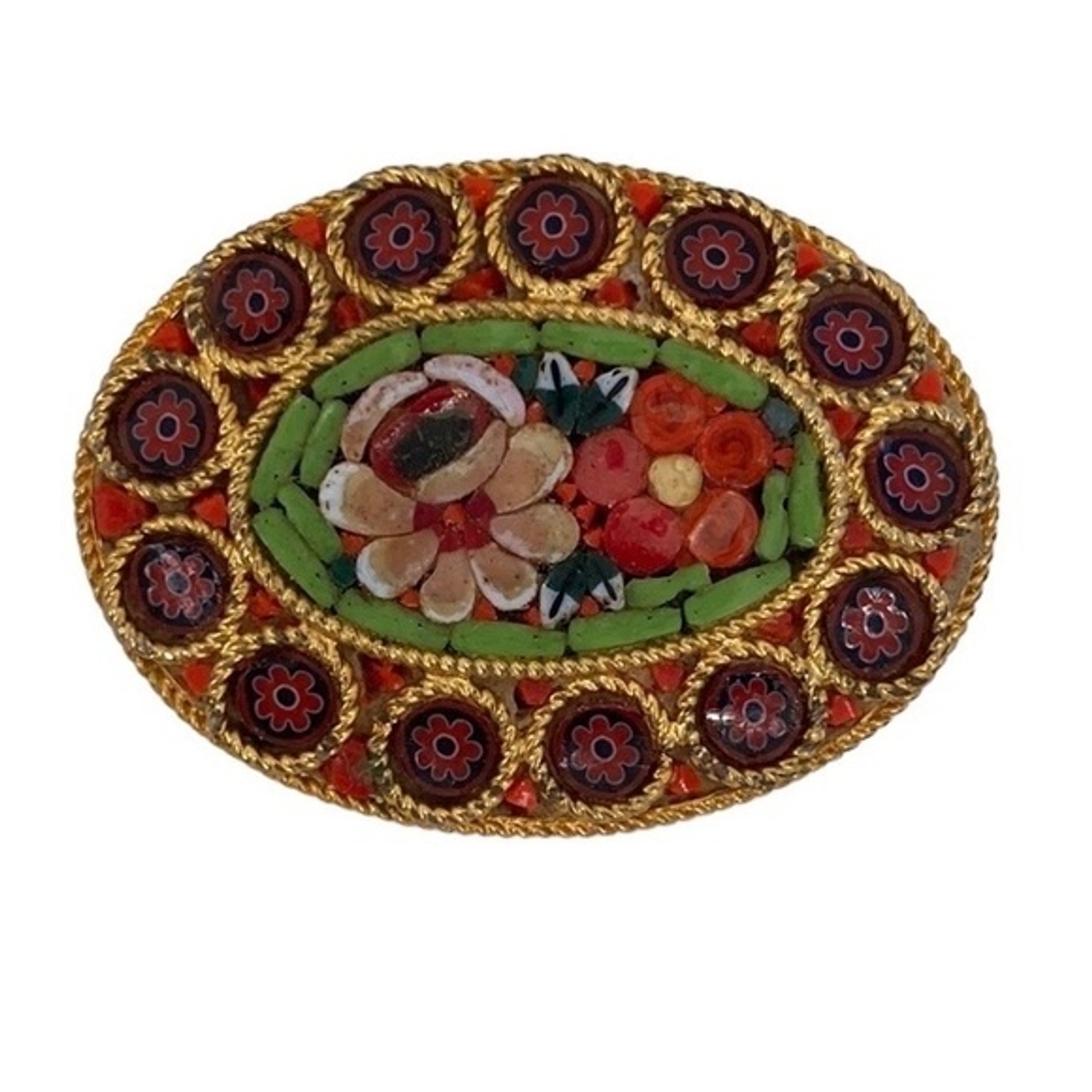 Vintage Italian Floral Micro Mosaic Oval Brooch with Safety Pin Clasp