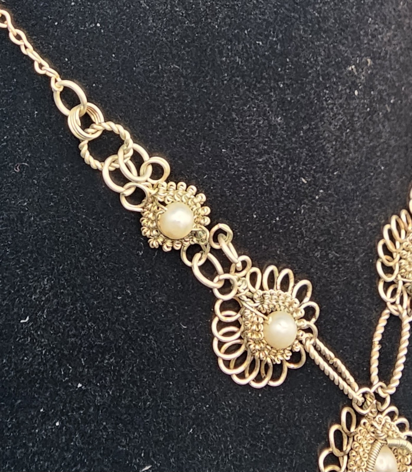 Vintage Cannetille Spun Wire Necklace Lot 2 Faux Pearl Rhinestone Original Clasp