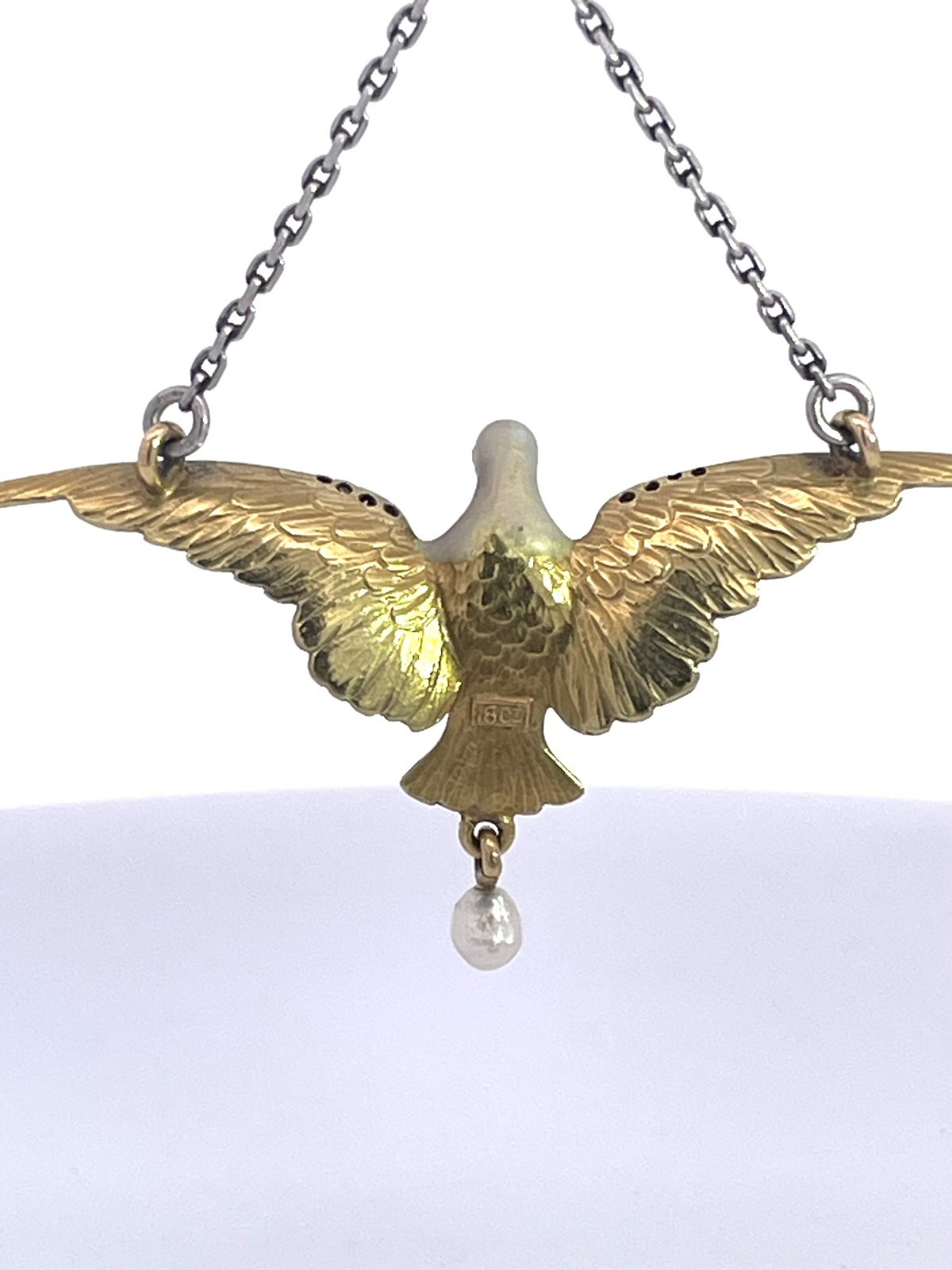 18K Enamel Dove on a Platinum Chain 17″ long