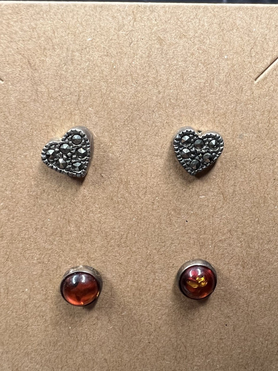 VTG 925 Sterling Silver Marcasite Heart Round Amber Stud Earrings Set