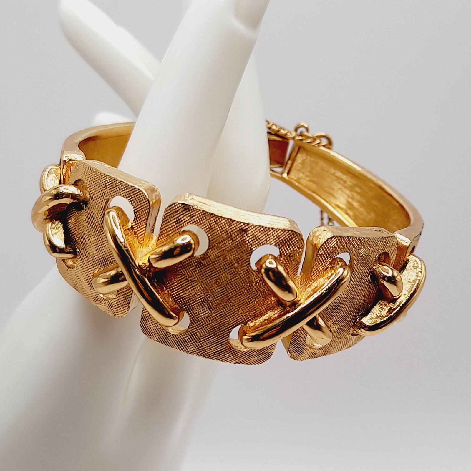 Vintage Monet Gold Tone Panel Bracelet Fold Over Clasp Safety Chain