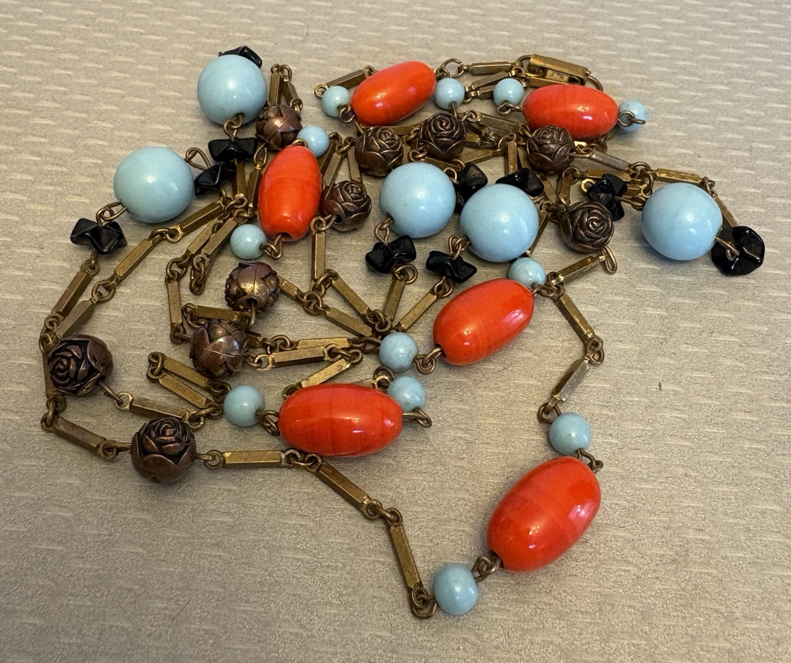 Art Deco Vintage Flapper Necklace Stationed Glass Bead Brass Bar Link Chain 62″