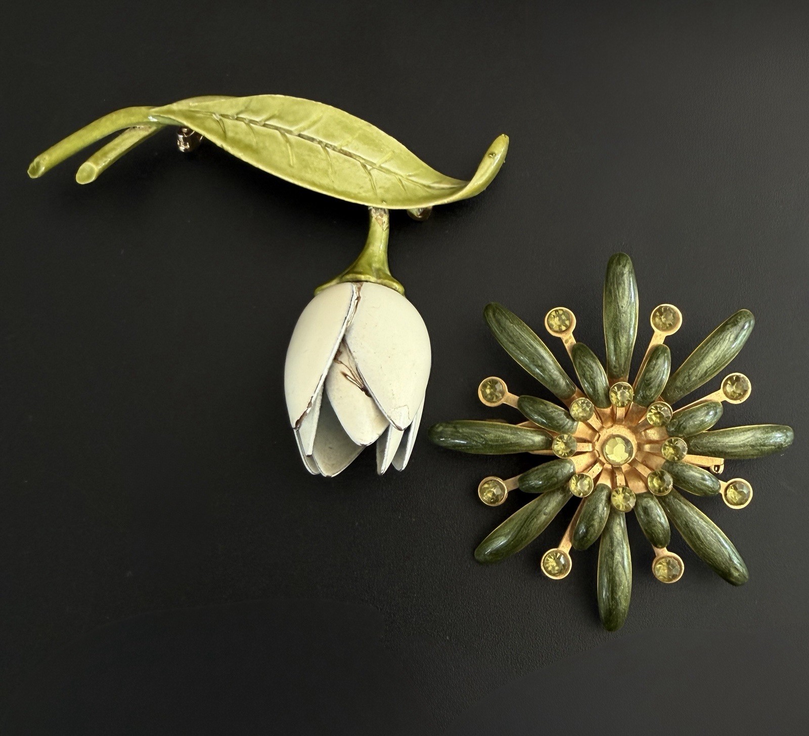 Vtg Flower Brooch Lot Green White Enamel Rhinestone Starburst Tulip Botanical