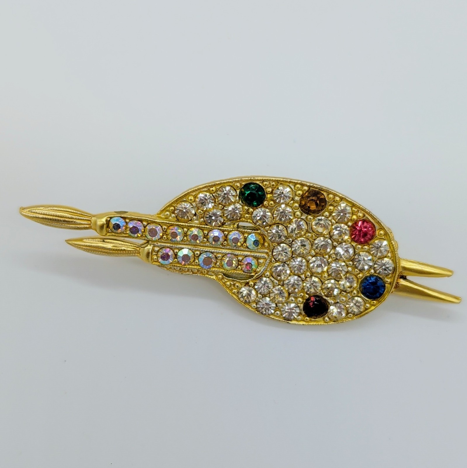 Vintage Artist Palette Brooch Paintbrush Rhinestone Multicolor AB Gold Tone Pin