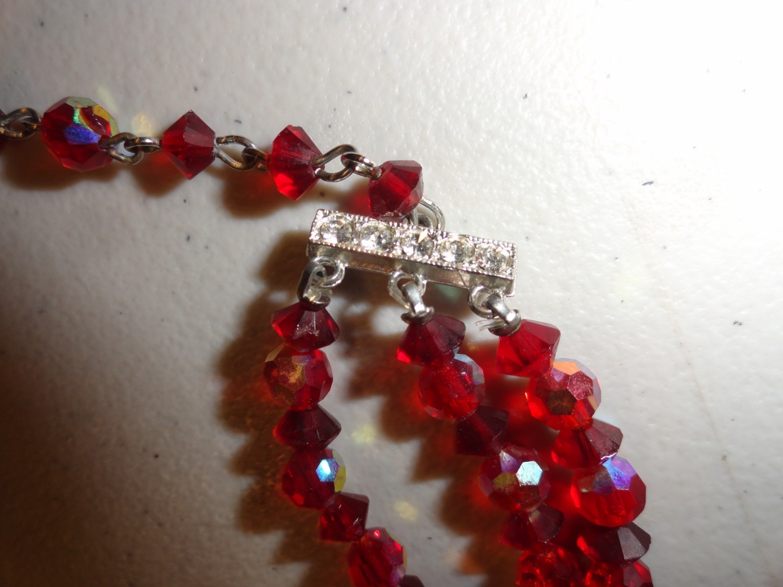Vintage Parure 3 Strand Red Iridescent Necklace, Clip On Earrings & Bracelet