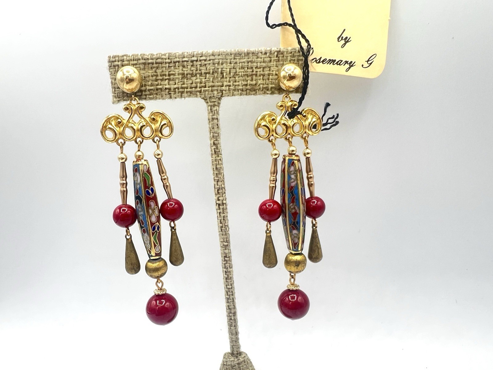 Vintage Gold Red Cloisonné Bead Artisan Dangle Earrings New Old Stock NOS