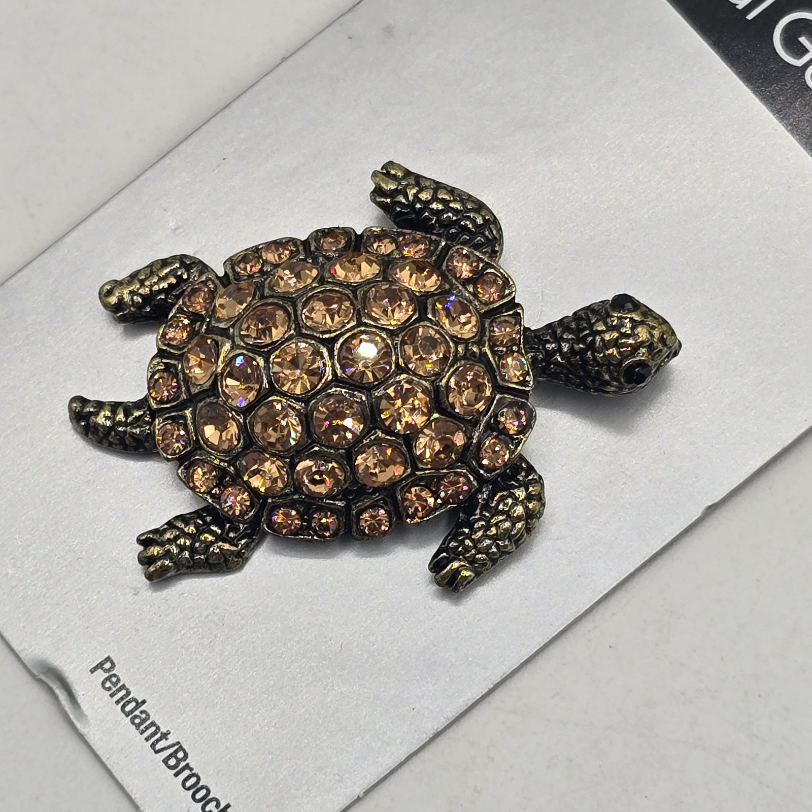 Beautiful Brass-tone Light Brown Rhinestone Shell TURTLE Figural Pin Pendant