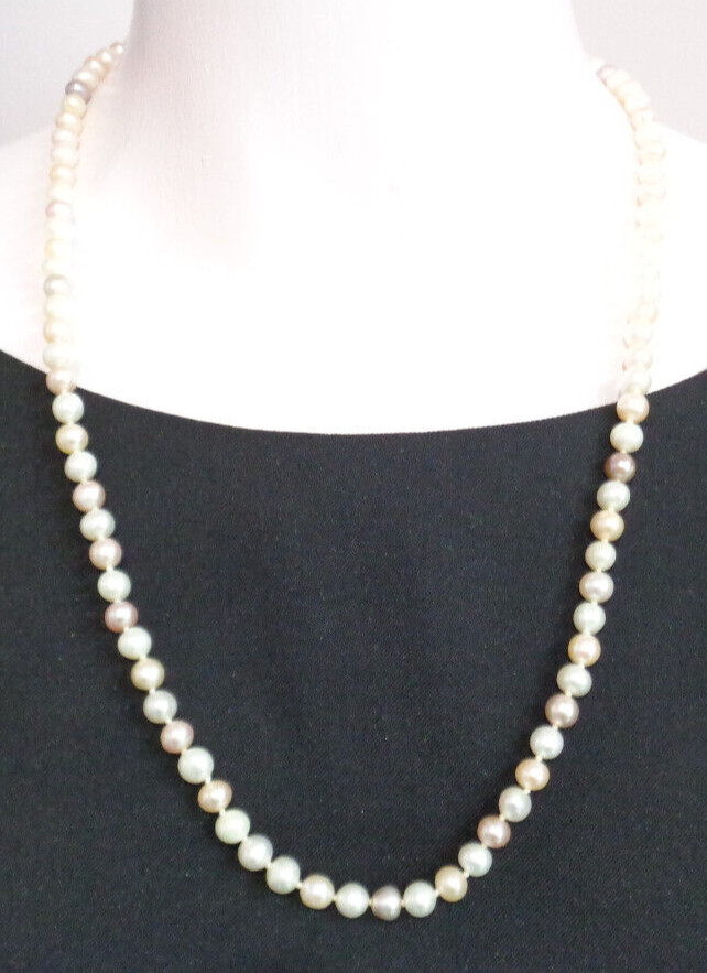 Vintage 6mm Cultured Pearl Necklace 24″ Multi-Color Pale Pastel JCM Jacmel 925
