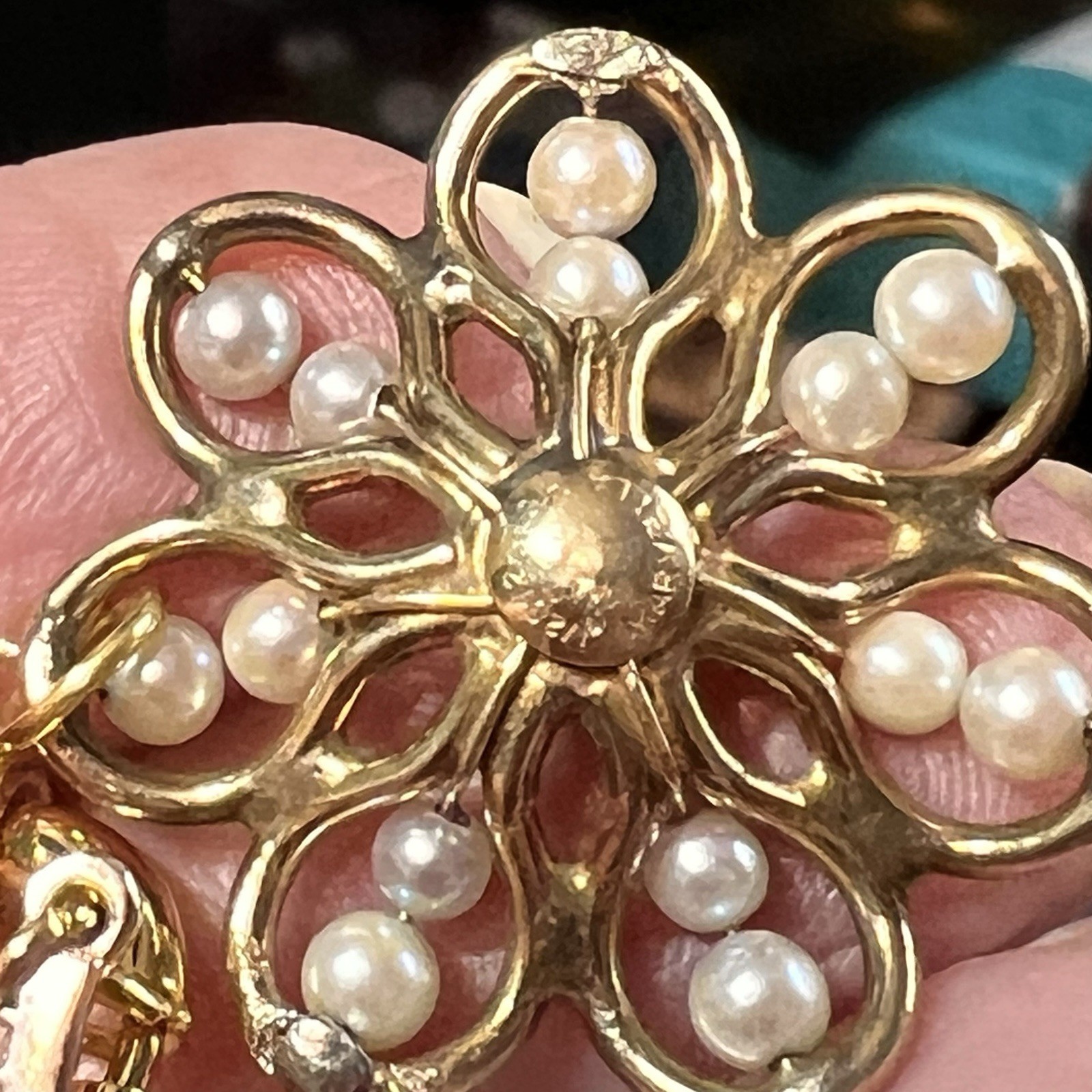 Vintage 12k Gold Filled Pocket Watch Chain FOB, Dog Clip, Cross & Pearl Charms