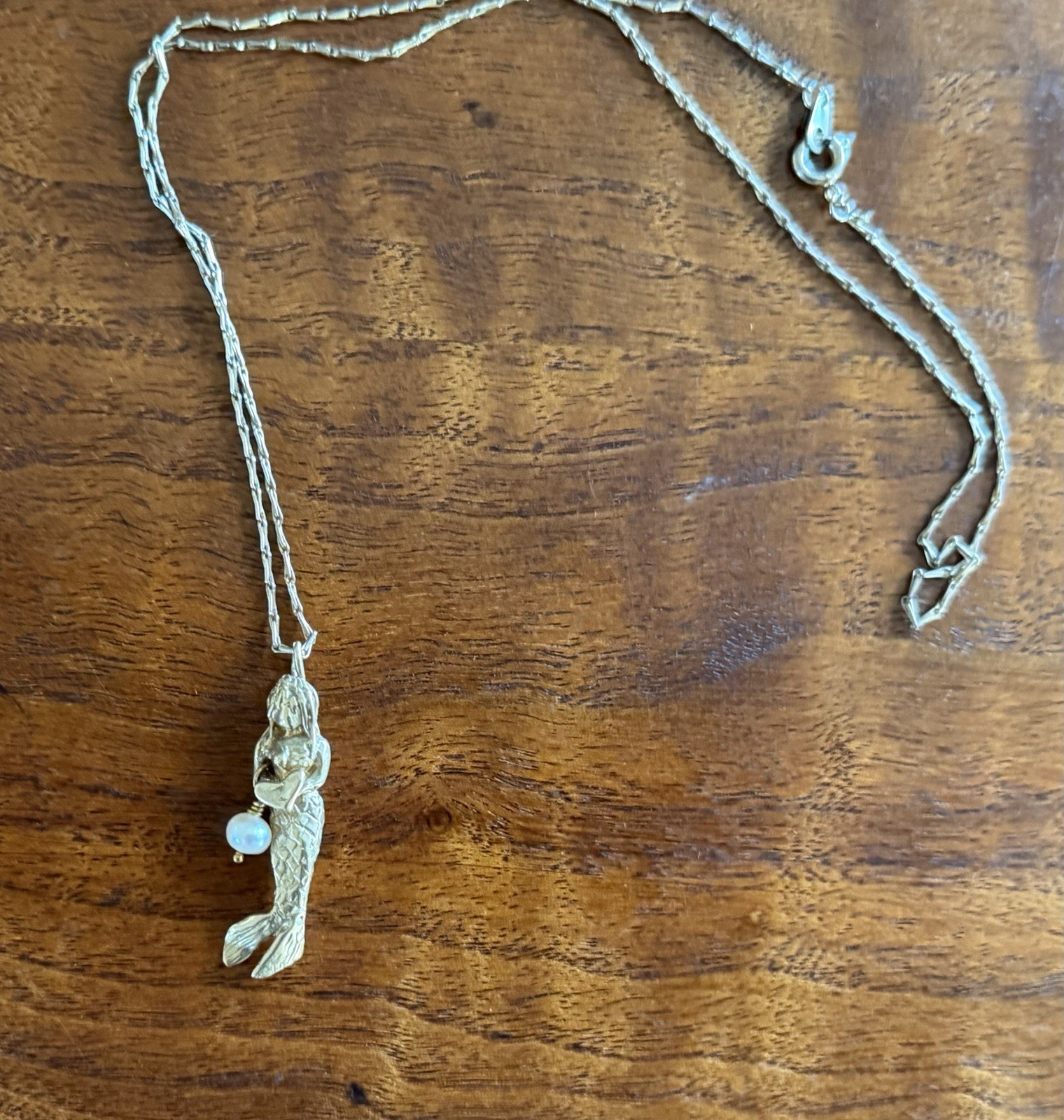 MERMAID with Pearl Gold Filled PENDANT on Gold Plate CHAIN Holding Heart