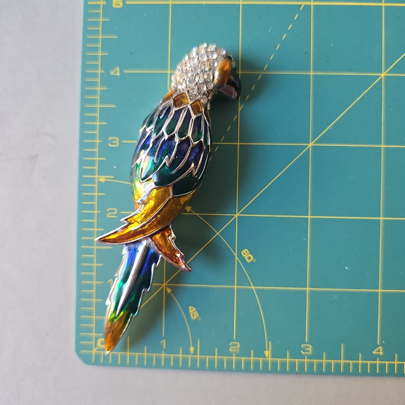 Vintage Large Enameled Glass Rhinestones Colorful Parrot Pin Brooch Retro 4.25″T