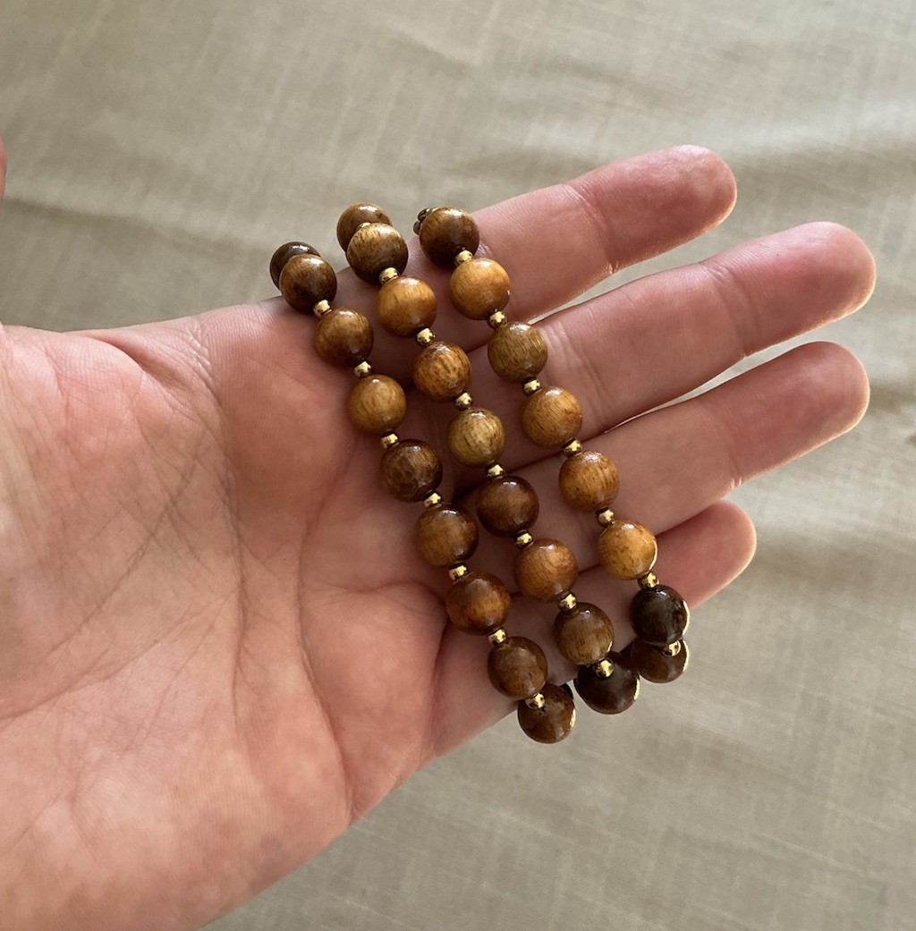 Vintage Wood And Gold Tone Beaded Necklace Fish Hook Clasp 23”