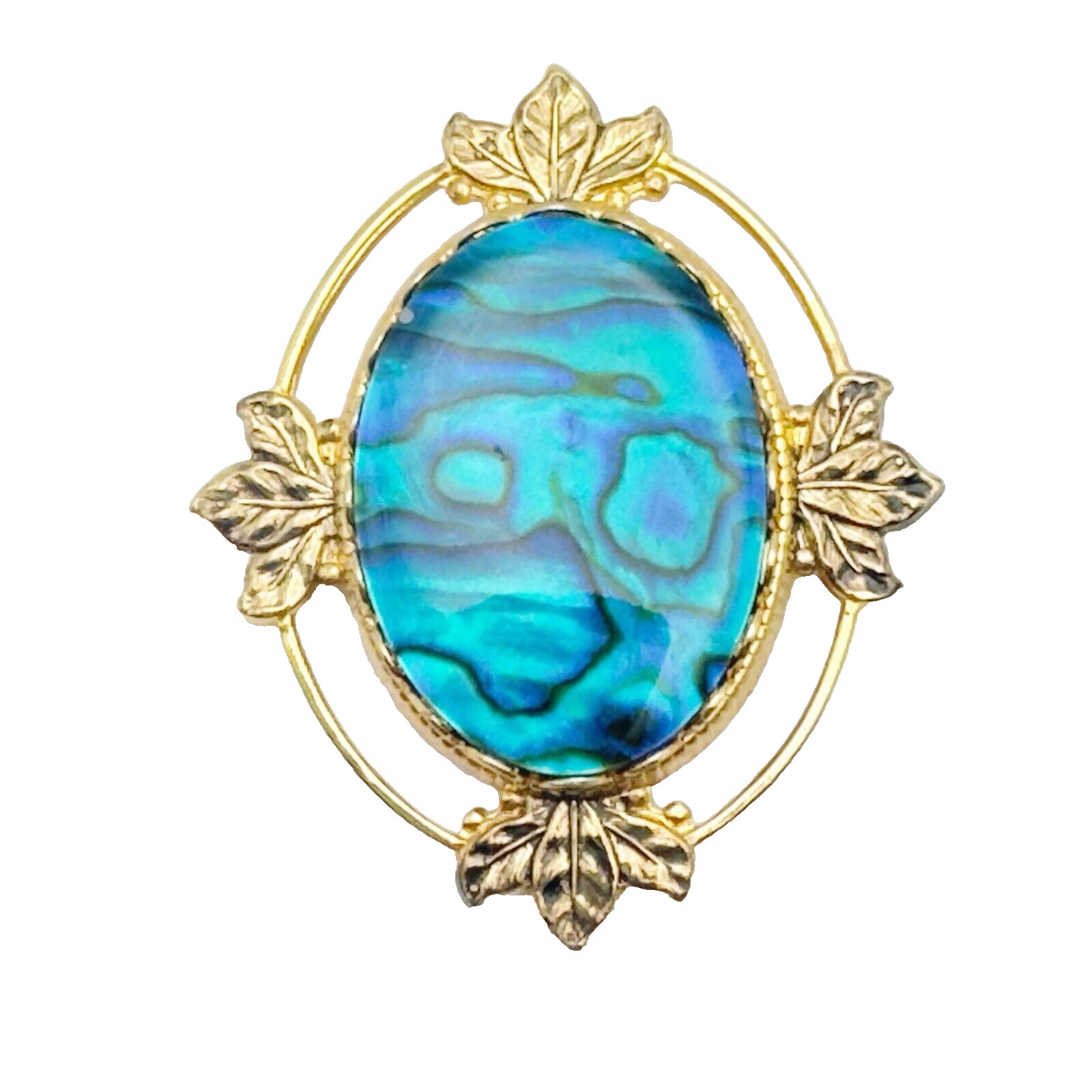 Vintage Abalone Paua Shell Brooch Gold Tone Blue Green 1970s Retro Iridescent 2″