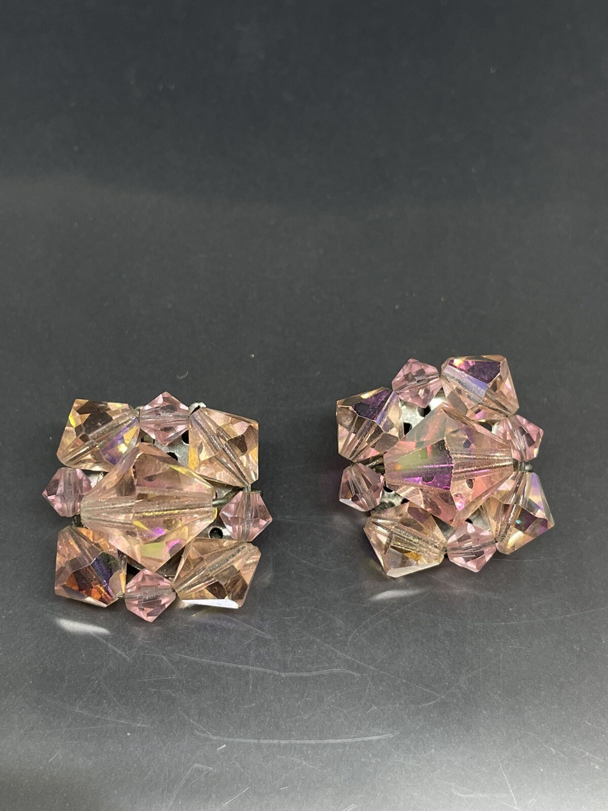 Vintage Pink Aurora Borealis Bicone Beads Cluster 0.75” Square Clip On Earrings