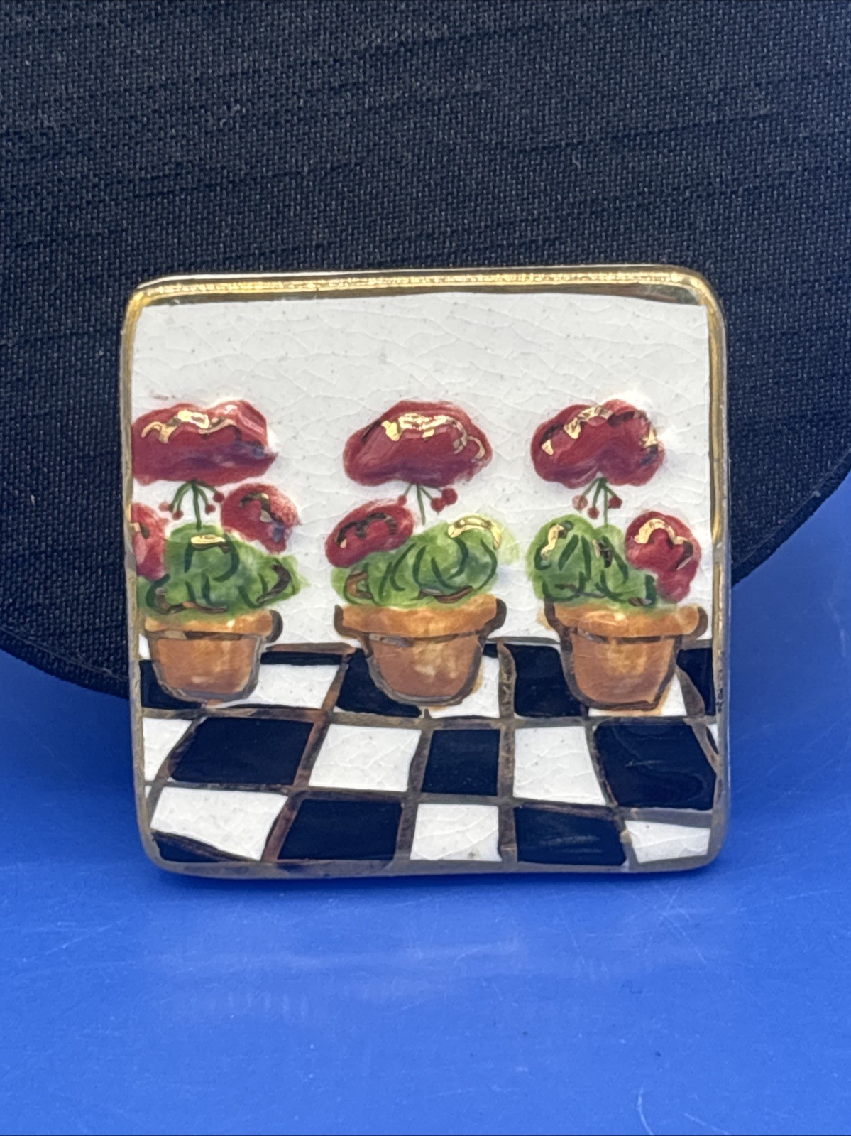Nature Notes Ceramic Tile Brooch – Hand Painted Flowers Checkerboard Pin 1.5”