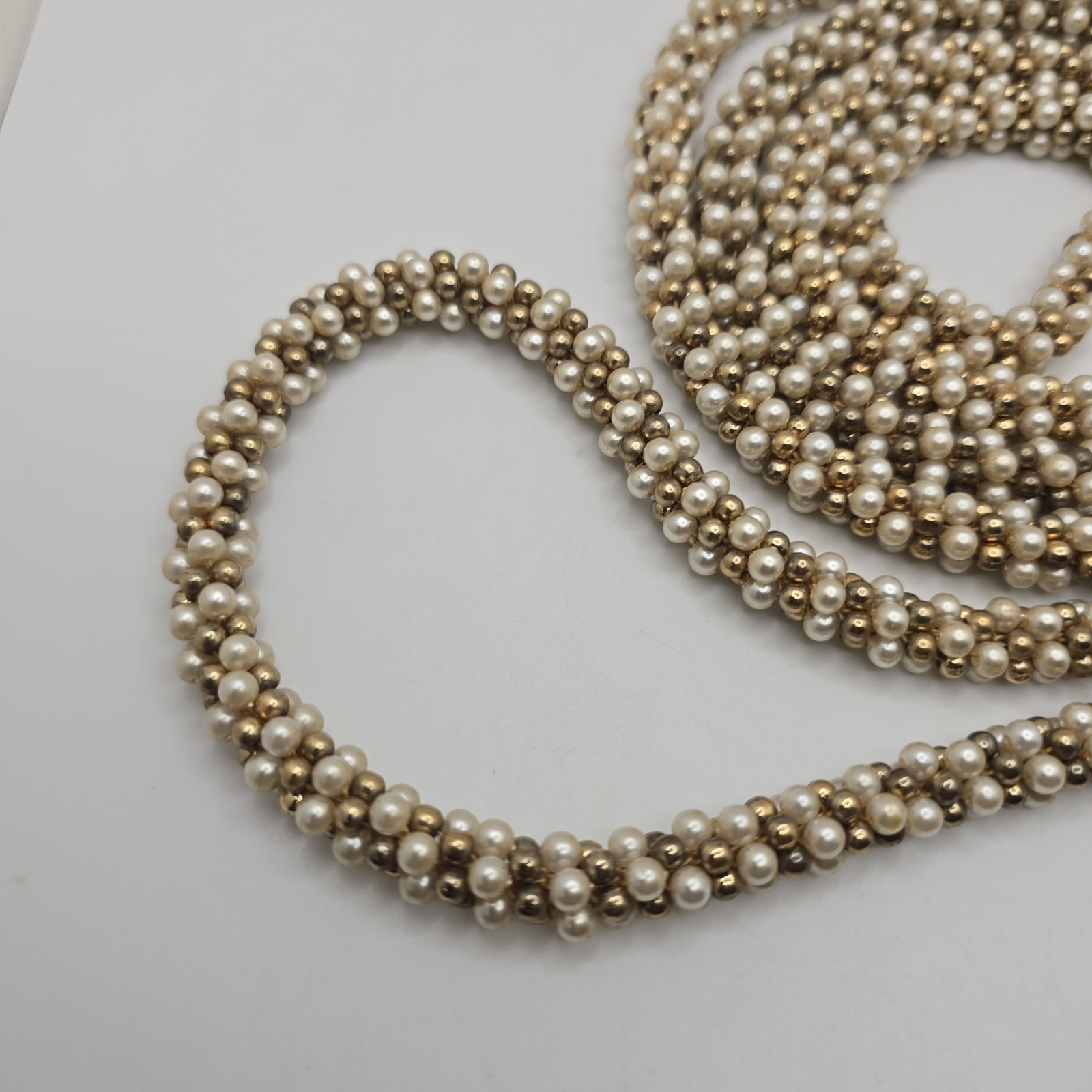 Vintage White Champagne Gold Tone Beaded Rope Necklace Long 30″ Single Double