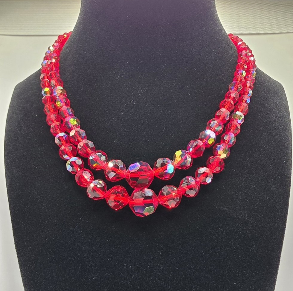 Vintage Red AB Glass Crystal Choker Necklace 2 Strand Faceted 16.5 With Extender