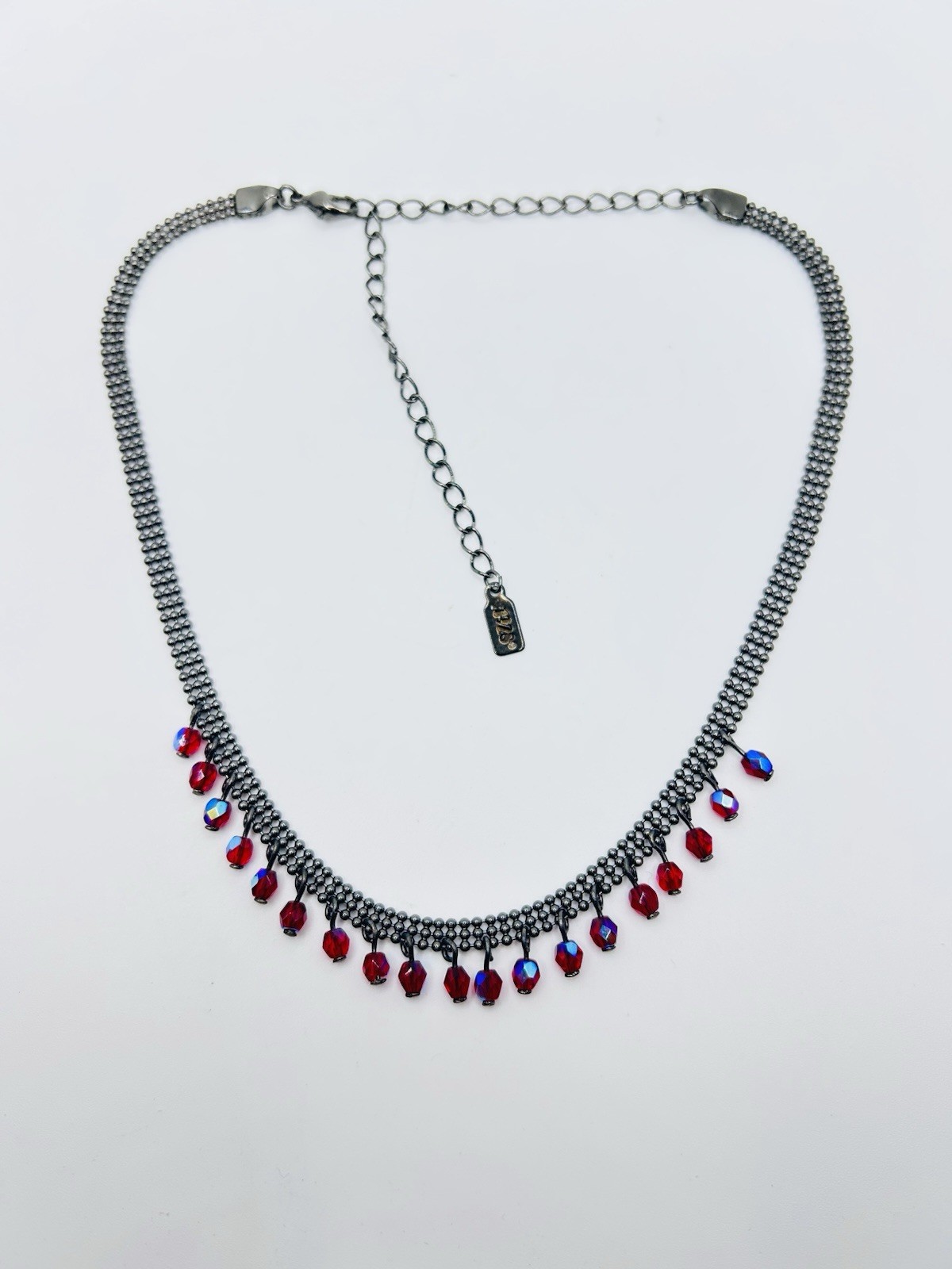 Vintage 1928 Gunmetal Red Iridescent Rhinestones Choker Necklace 13”-18”