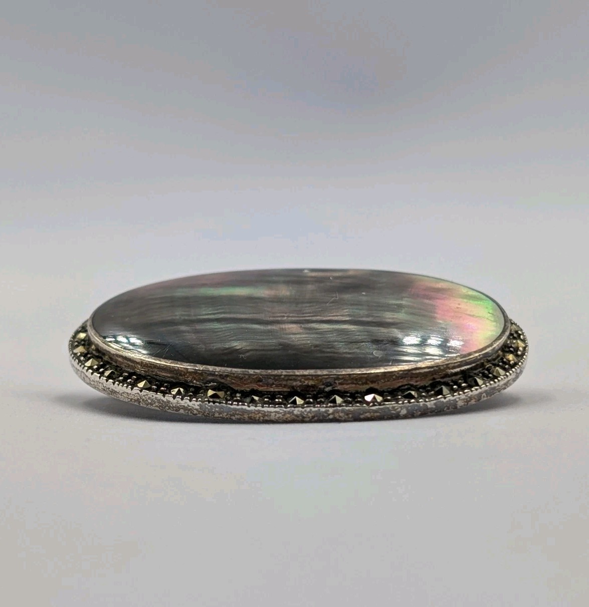 MYG Vintage Sterling Silver Oval Abalone Shell & Marcasite Stone 925 Pin Brooch
