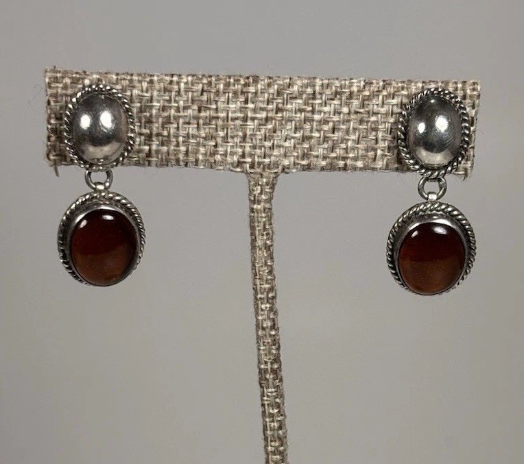 Vtg 925 Sterling Amber Cabochon 1-1/4” Dangle Drop Post Earrings Mexico 8g