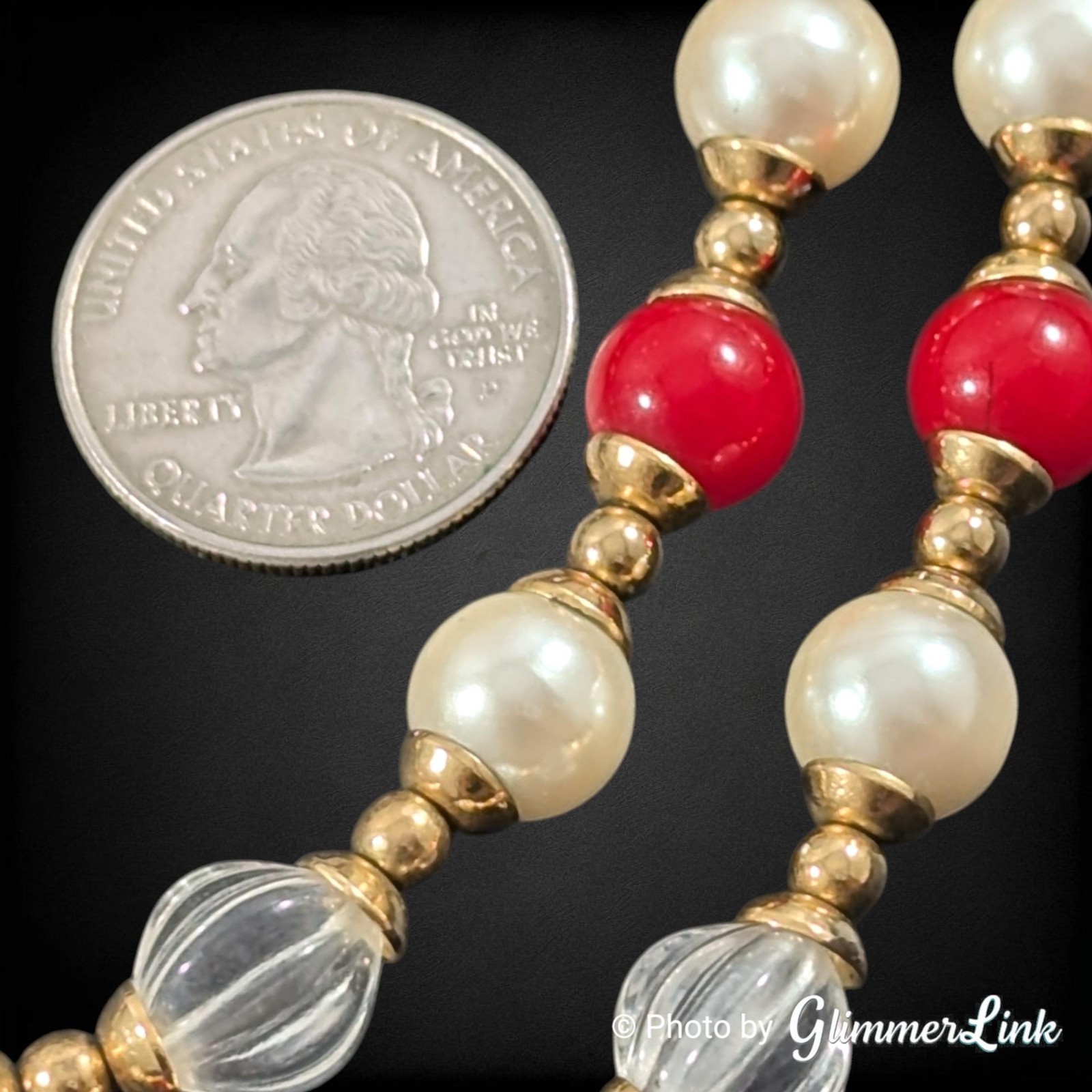 Vintage Faux Pearl Lucite Beaded Necklace Red White Gold Tone 22.5 Inch