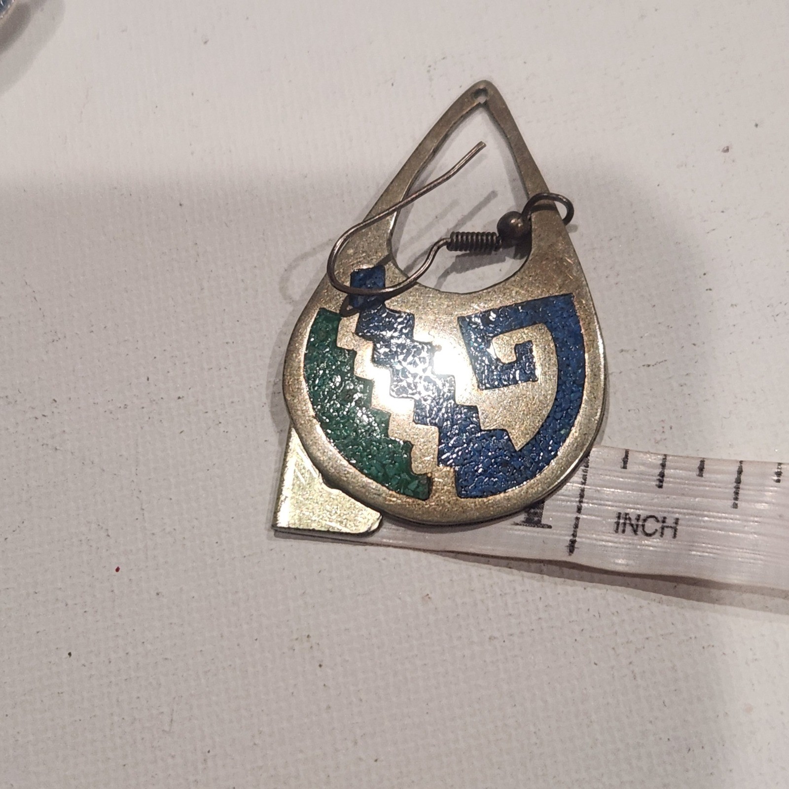 Vintage Alpaca Mexico Blue Green Crushed Stone Inlay Teardrop Earrings Geometric