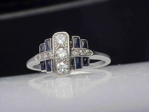 Art Deco 3.20 Ct Diamond & Sapphire Vintage Engagement Ring 925 Sterling Silver