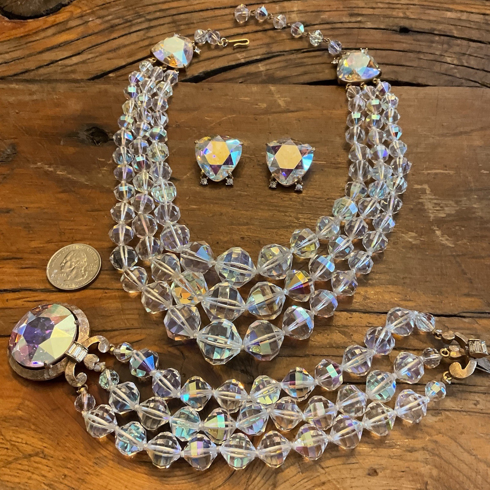 Vintage Laguna LARGE AB Faceted Crystal Glass Bead Necklace Bracelet Earring SET