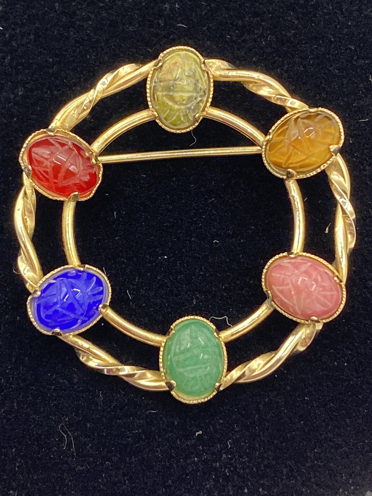DIXELLE Brooch Signed SCARAB GEMSTONE ROUND PIN 1/20 12K GOLD FILLED 1 1/4″