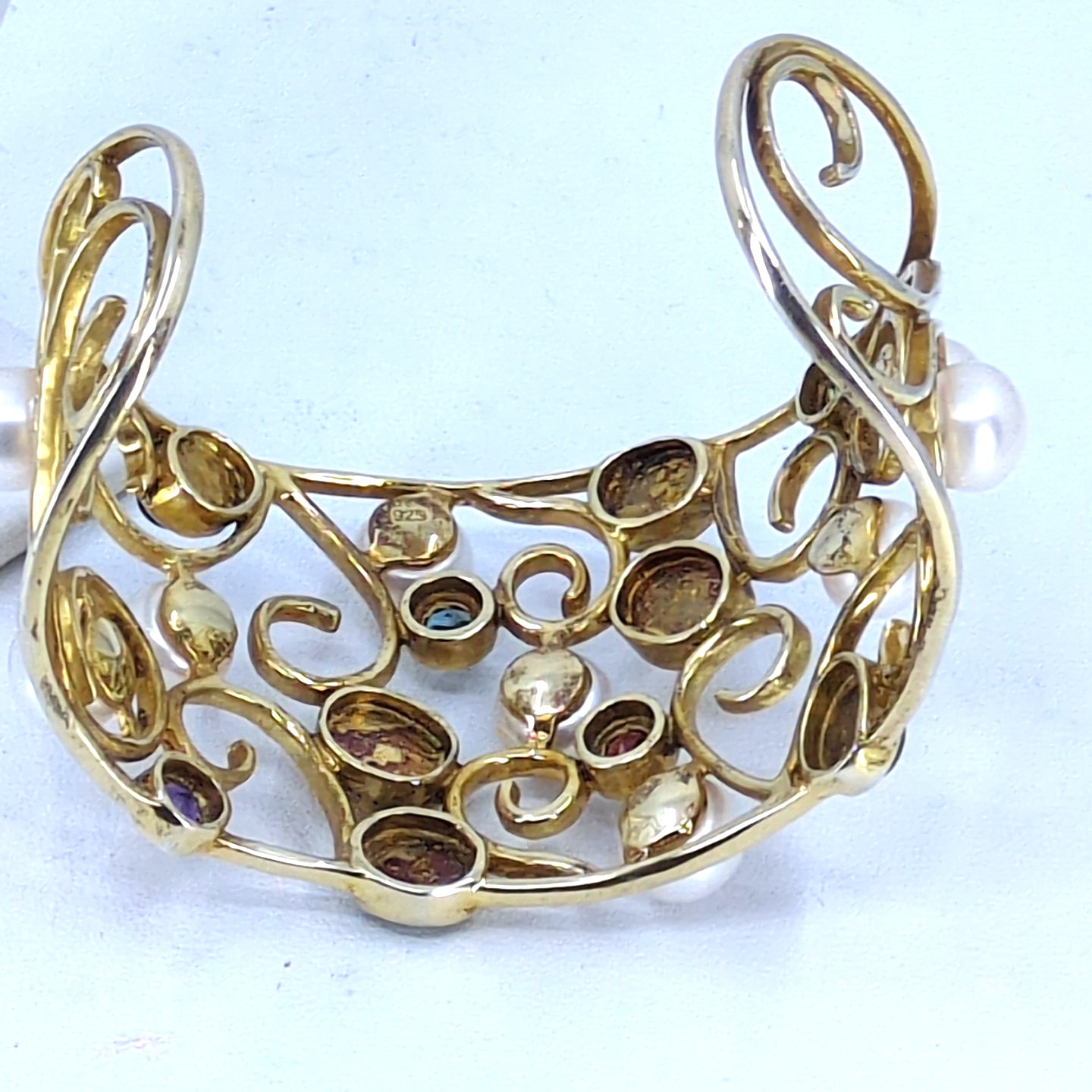 Gold Wash 925 Sterling Silver Multi-Gemstone & Mabe Pearl Filigree Cuff Bracelet