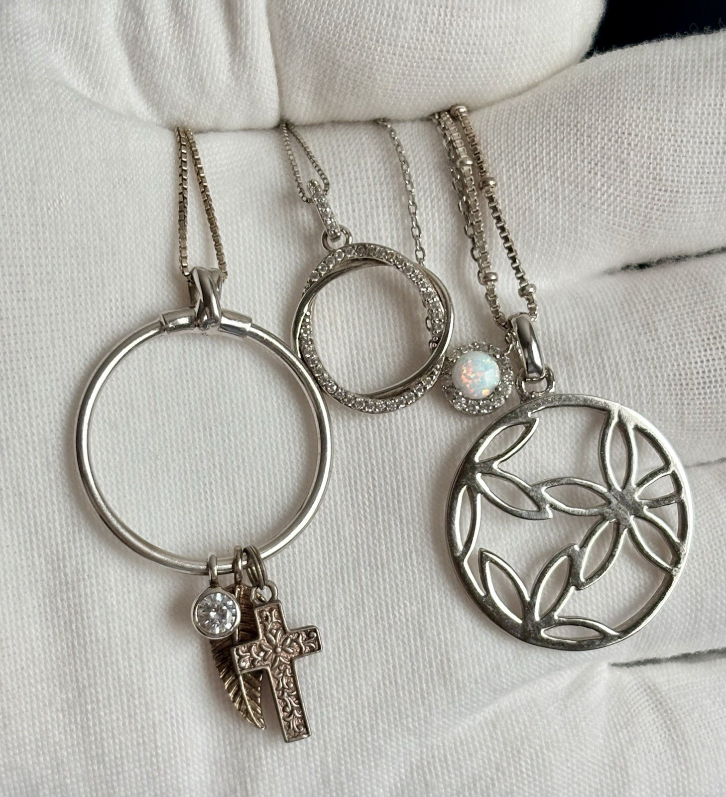 925 Sterling Silver Floral Opal Eternity Pendant Charms Chain Necklace Lot Of 4