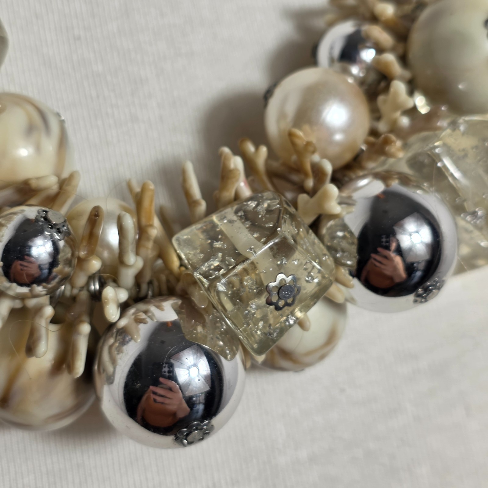 Chunky Statement Necklace Silver Chain Multi-Textured Design Silver & Cream Tone