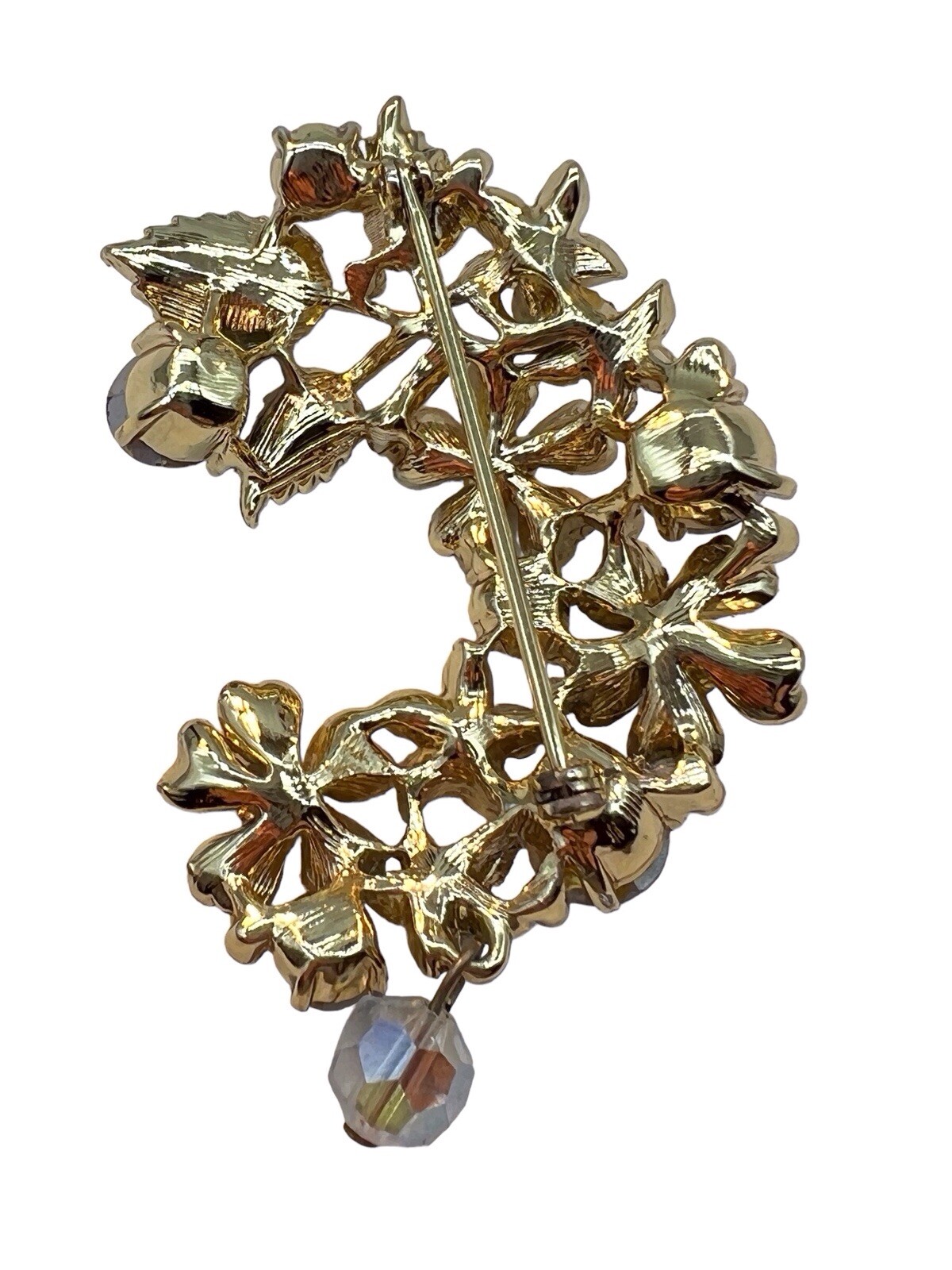 Crescent AB Rhinestone Brooch Floral Swag Dangle Bead Gold Tone Mid Cent READ B3