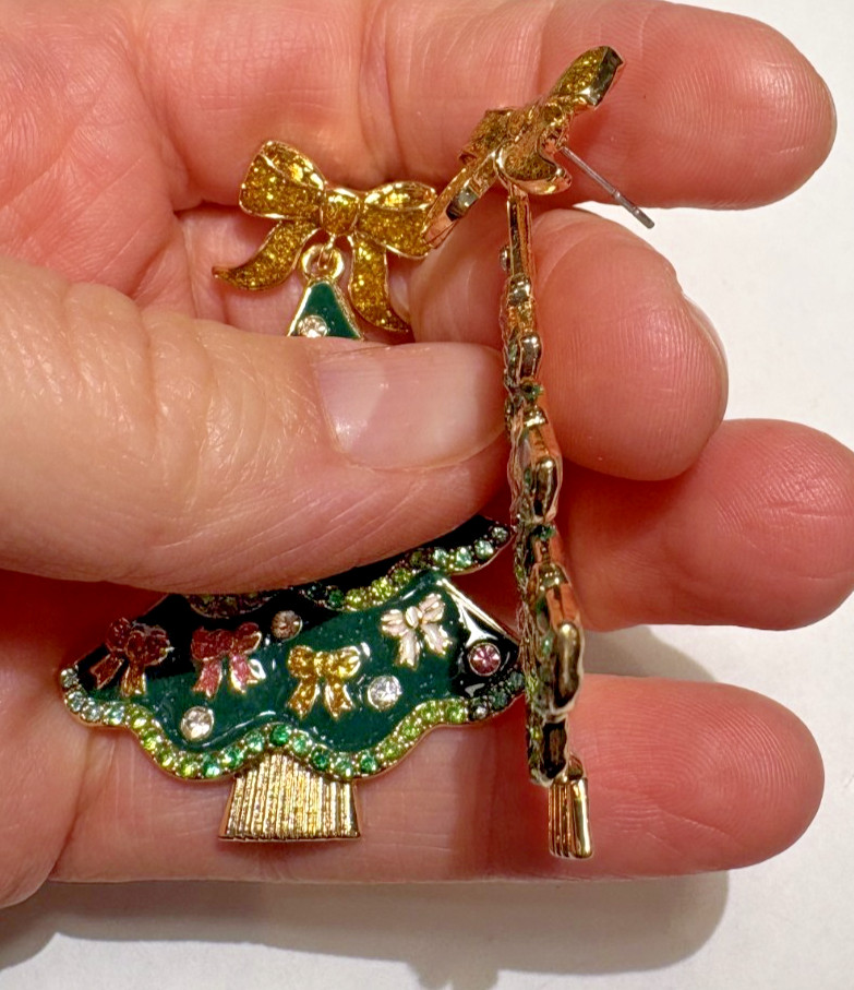 NWT Sugarfix Huge Christmas Tree Enamel Bow Rhinestones Dangle Stud Earrings