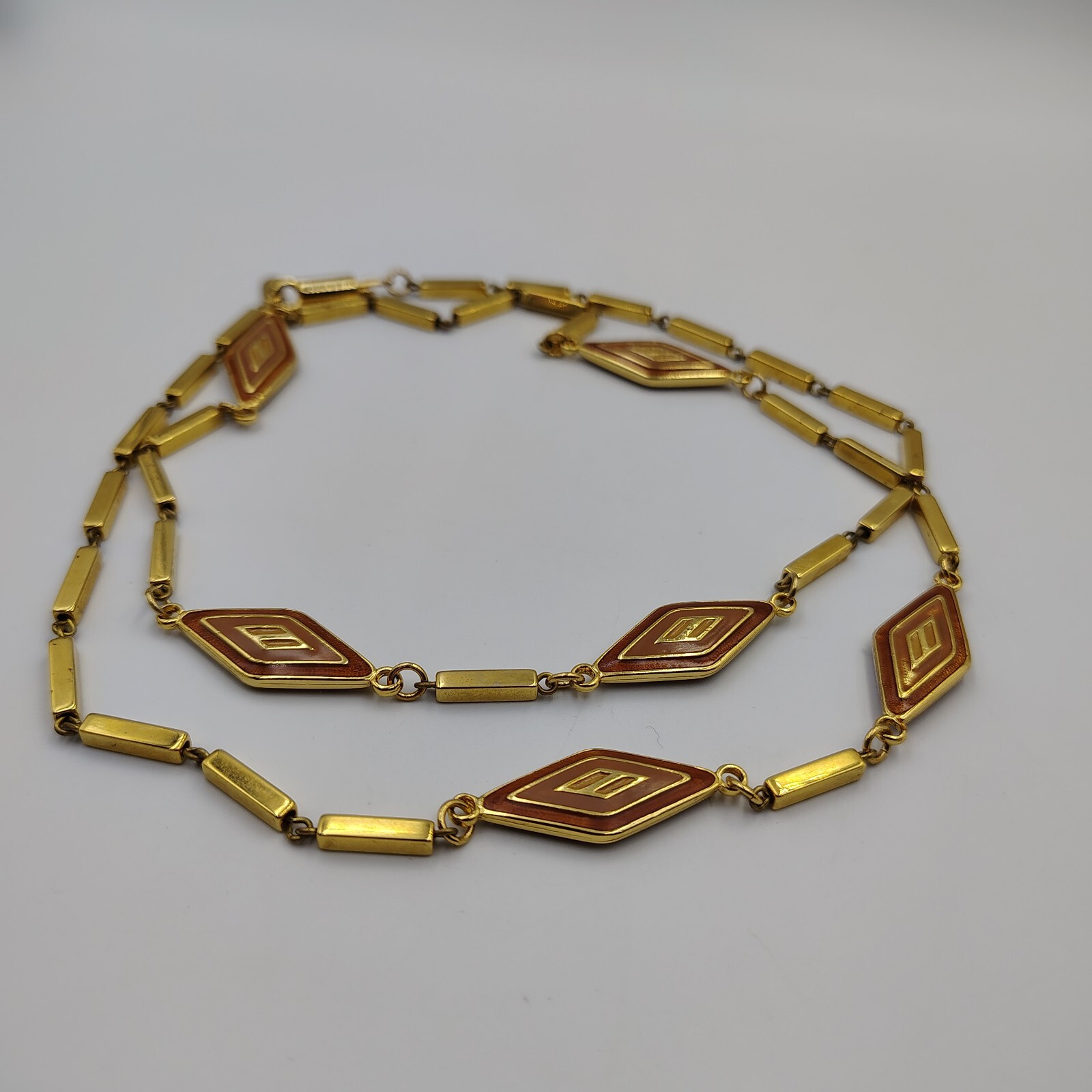 Vintage Orena Paris Gold Tone Enamoring Geometric Station Long Necklace