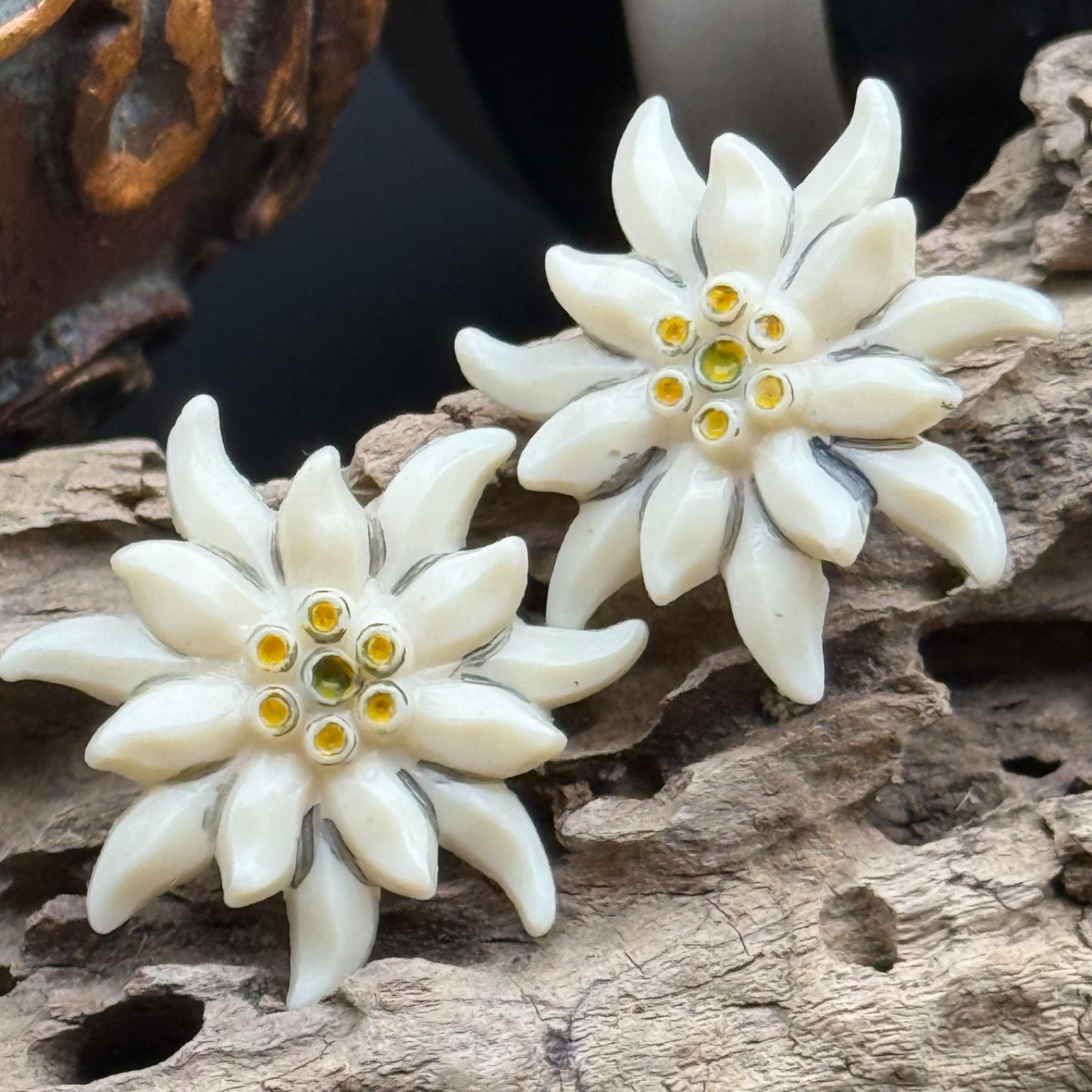 Vintage Edelweiss Clip On Earrings Alpine Flower Swiss German Austrian Celluloid