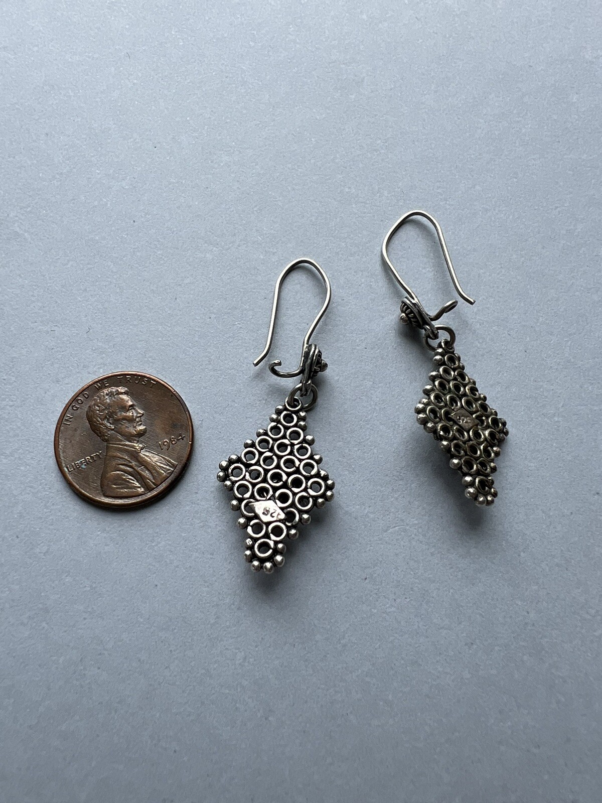 Vintage 925 sterling silver Lozenge Shape dangle Silver earrings with Round onyx