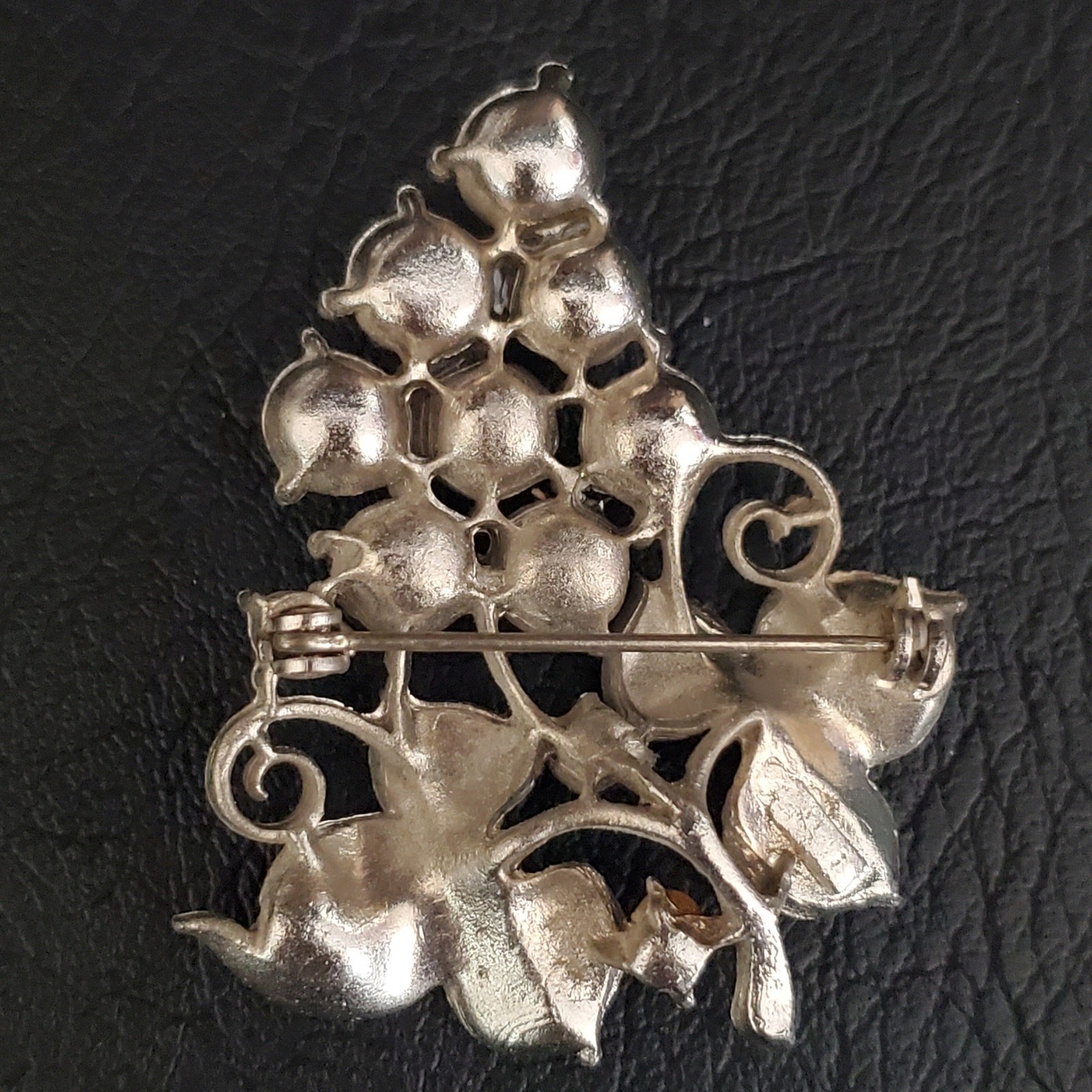 Vintage Grape Cluster Brooch Silver Tone with Rhinestones and Faux Pearls