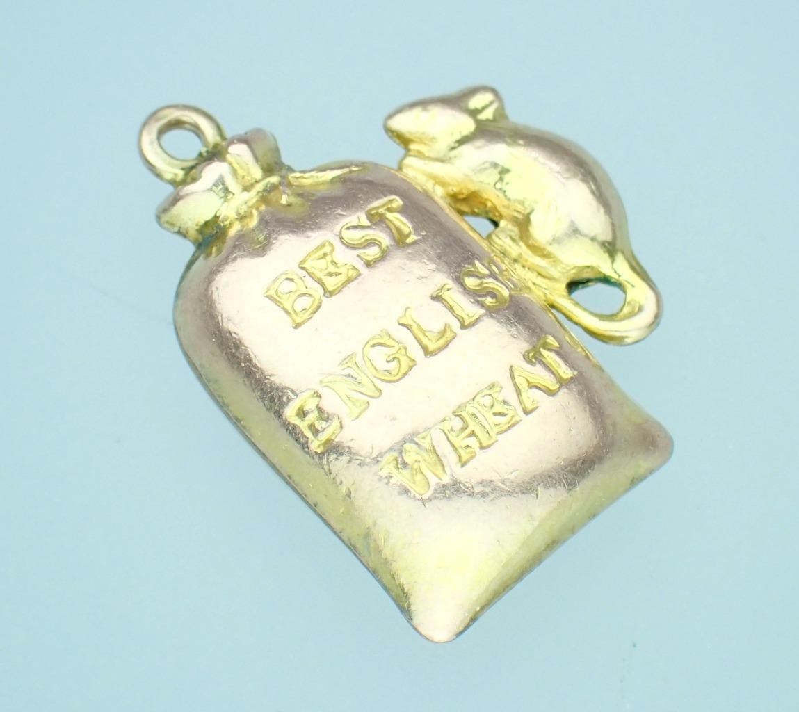 Fun! Antique Victorian Solid 9K Rose Gold Mouse Sack Of Wheat 3D Charm Pendant