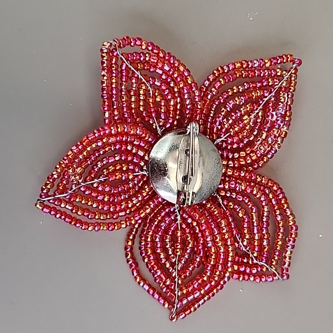 Vintage Seed Bead Flower Brooch AB Red Wired Glass 2.75″