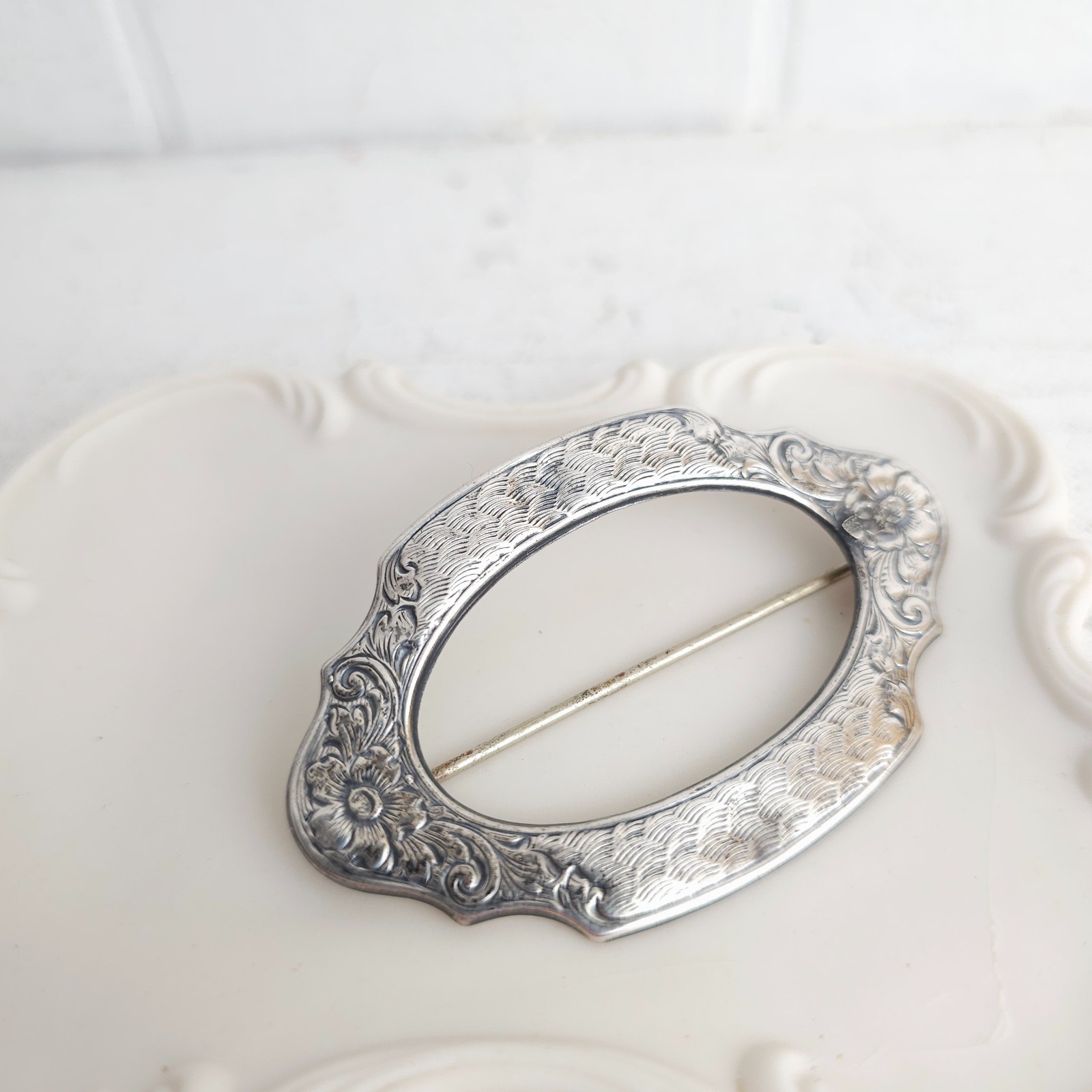 Vintage Antique Victorian Sterling Silver Top 925 Belt Buckle Brooch Pin C Clasp