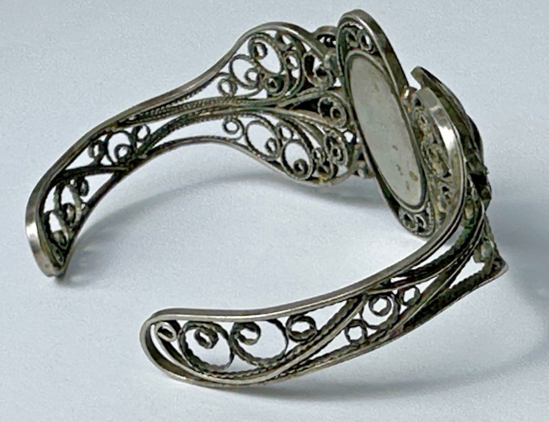 Vintage Painted Floral Motif Enamel Cuff Bracelet W/ Ornate Filigree