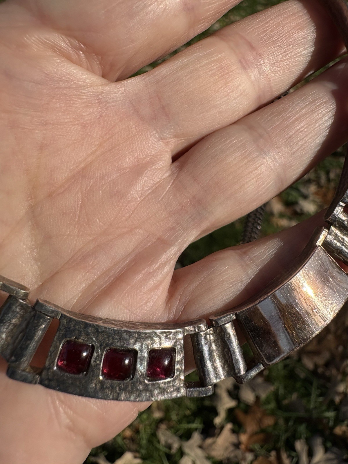 Italy Necklace Modernist Garnets Red Mesh Chain Sterling Silver Gold Plate Heavy